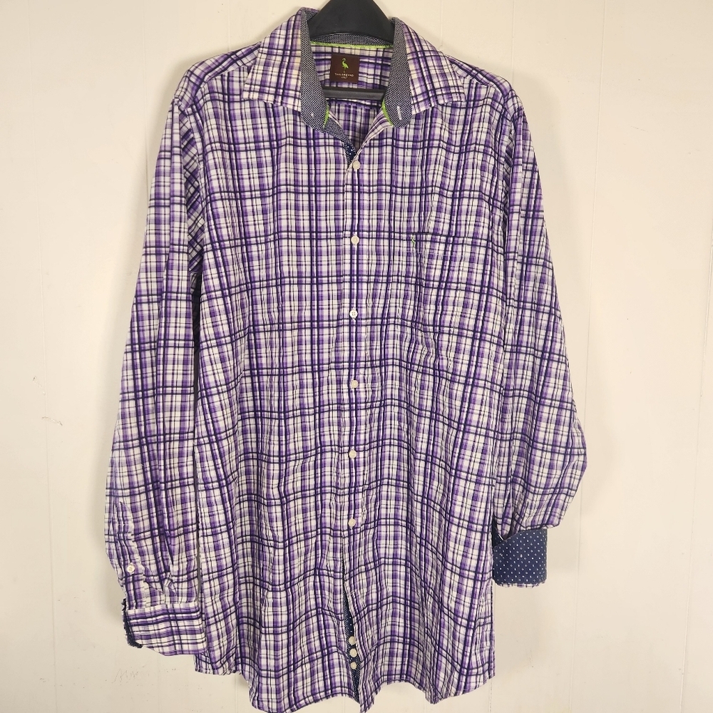 Tailorbyrd Purple White Black Plaid Button Down Shirt Size 2XL Tall